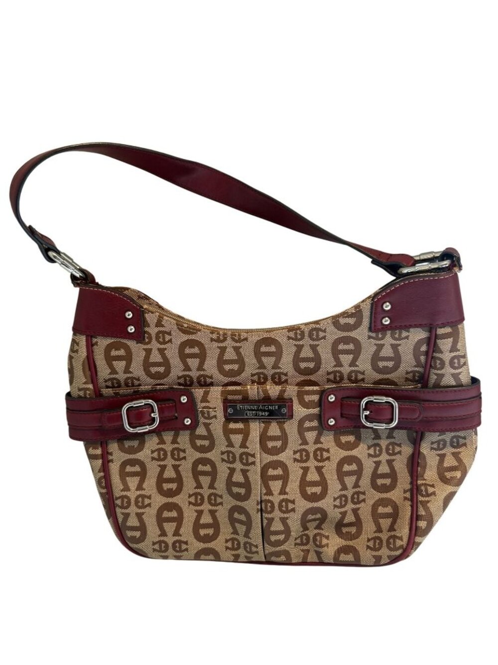 Etienne Aigner Shoulder Bag Beige Monogram Burgundy Leather Trim [jb]